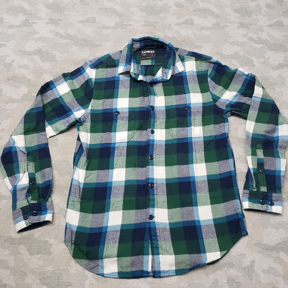 Express Shirt Mens Small Green Flannel Long Sleeve Button-Up Check Plaid